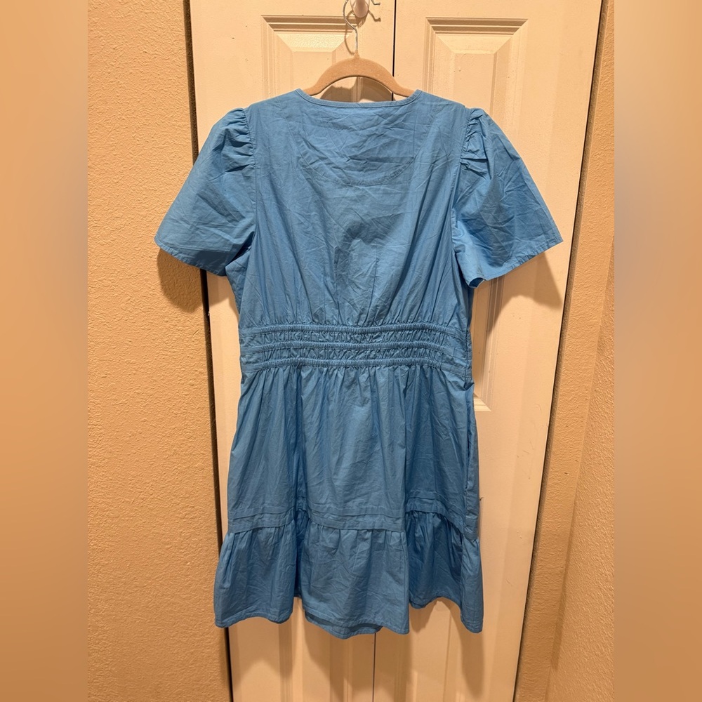 Quince Sky Blue Short Sleeve Smocked Waist Tiered Mini Dress - Picture 5 of 13